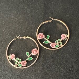 Pink Tone 3D Pink Roses 2" Hoop Earrings, Green Enamel Leaves